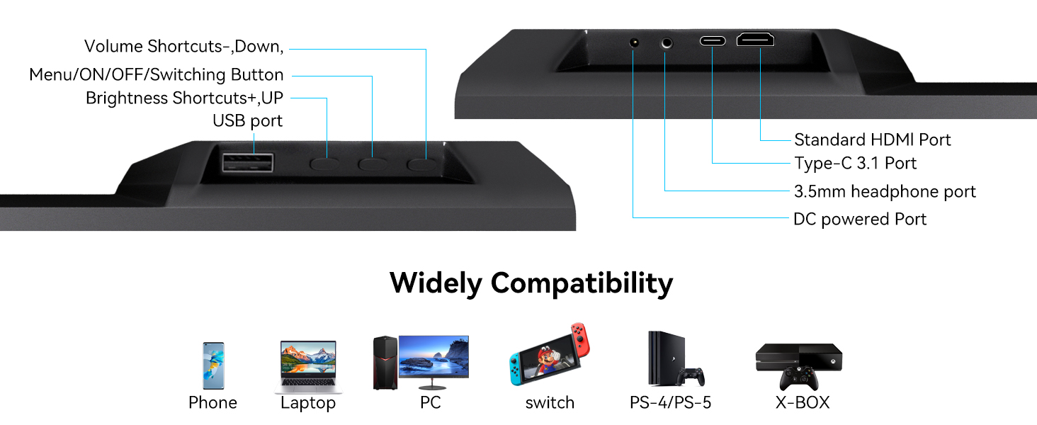 Monitor portatil tactil de 23.8 pulgadas con soporte integrado junto a un notebook en un escritorio.
