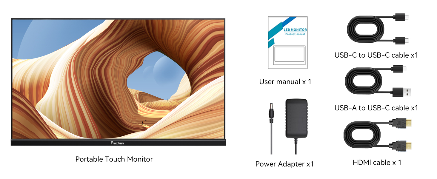 Monitor portatil tactil de 23.8 pulgadas con soporte integrado junto a un notebook en un escritorio.