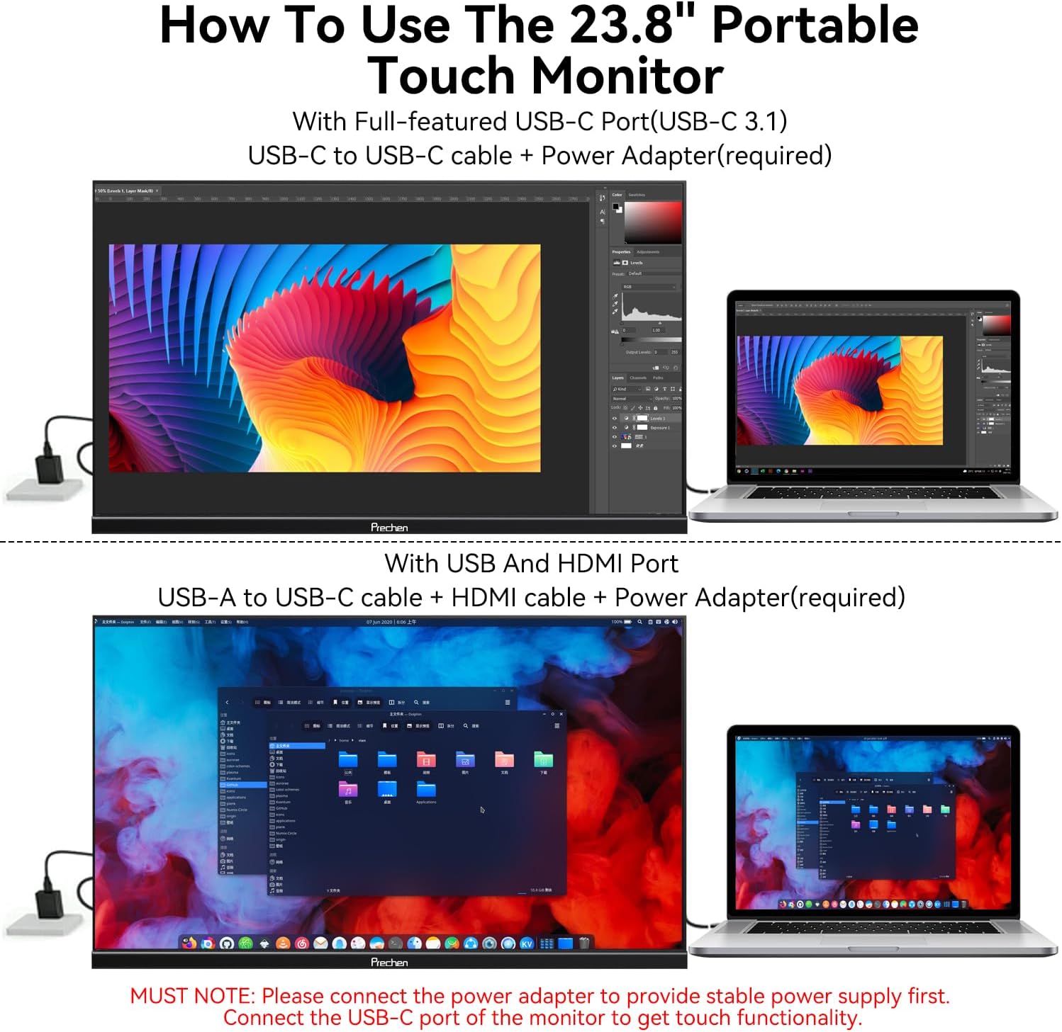 Monitor portatil tactil de 23.8 pulgadas con soporte integrado junto a un notebook en un escritorio.