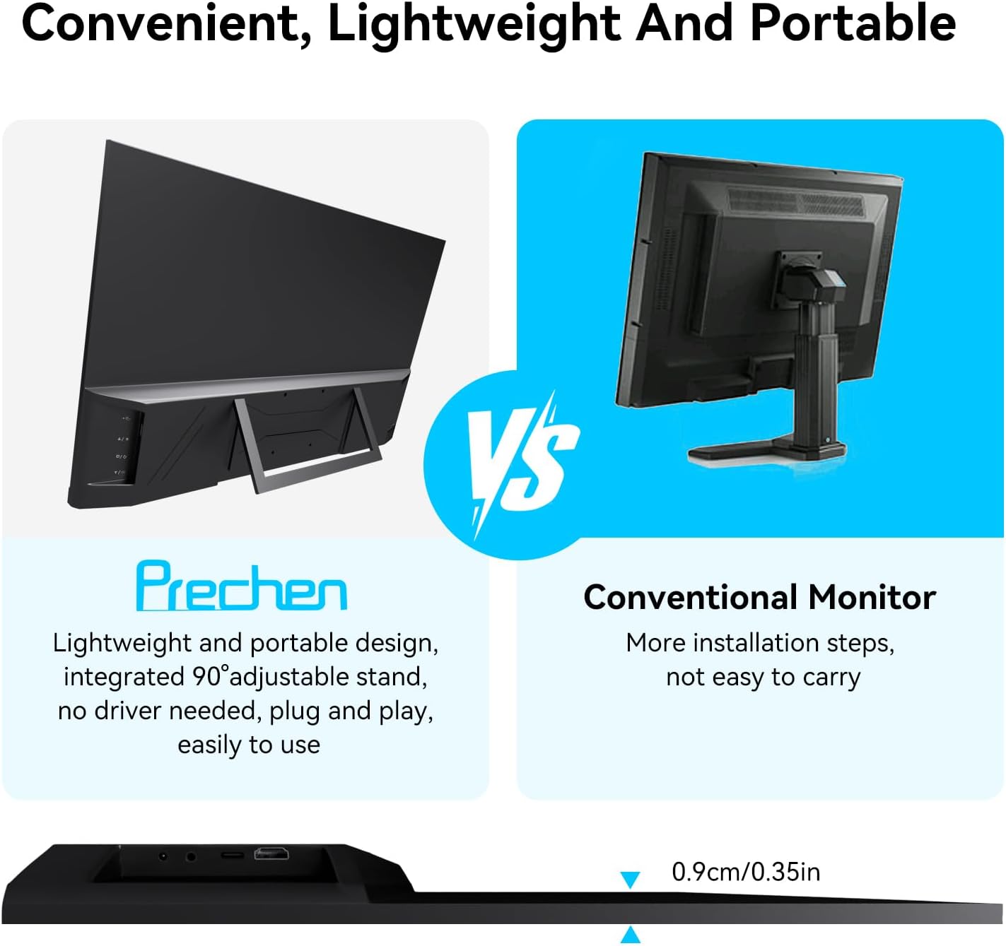 Monitor portatil tactil de 23.8 pulgadas con soporte integrado junto a un notebook en un escritorio.