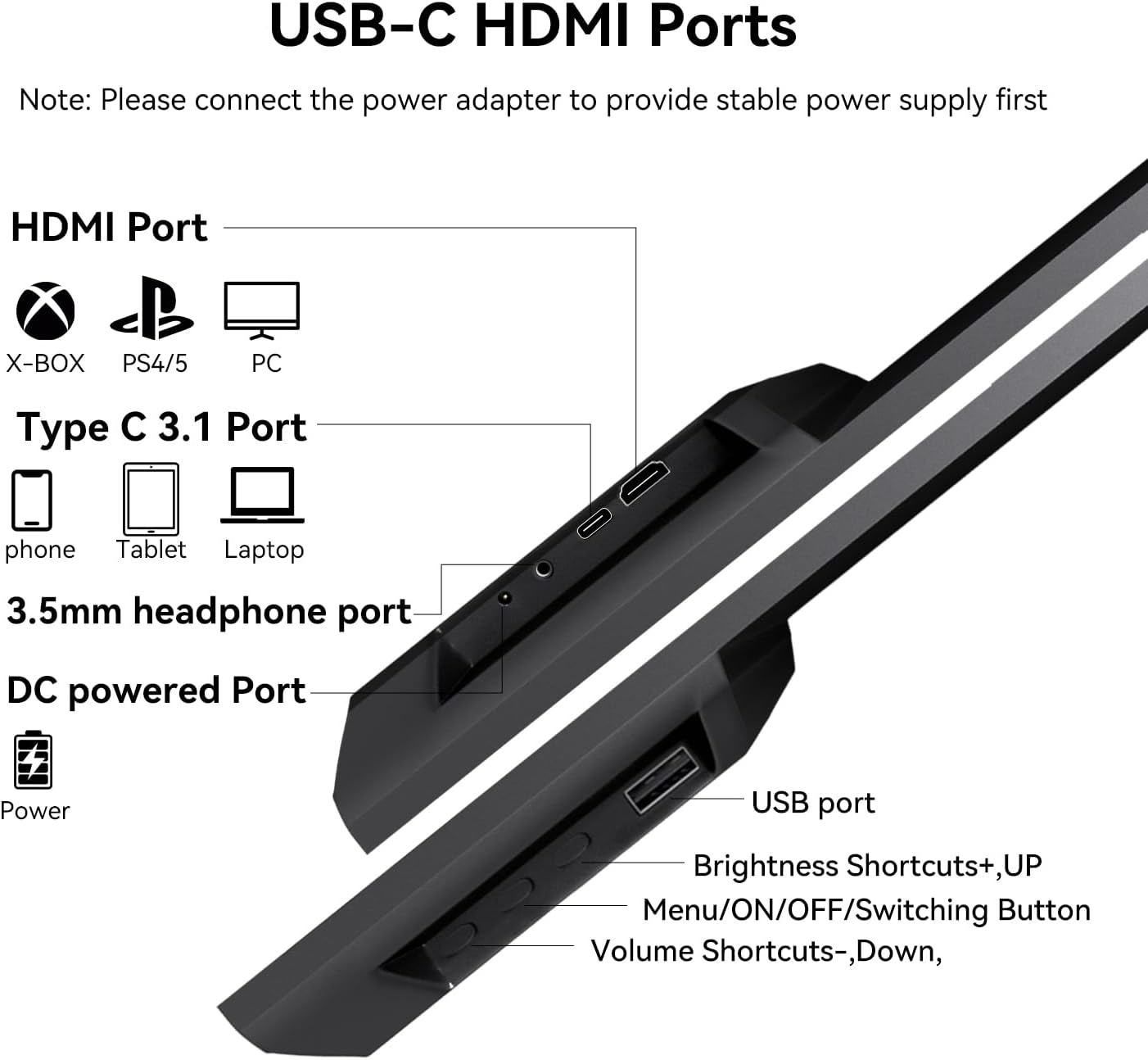 Monitor portatil tactil de 23.8 pulgadas con soporte integrado junto a un notebook en un escritorio.