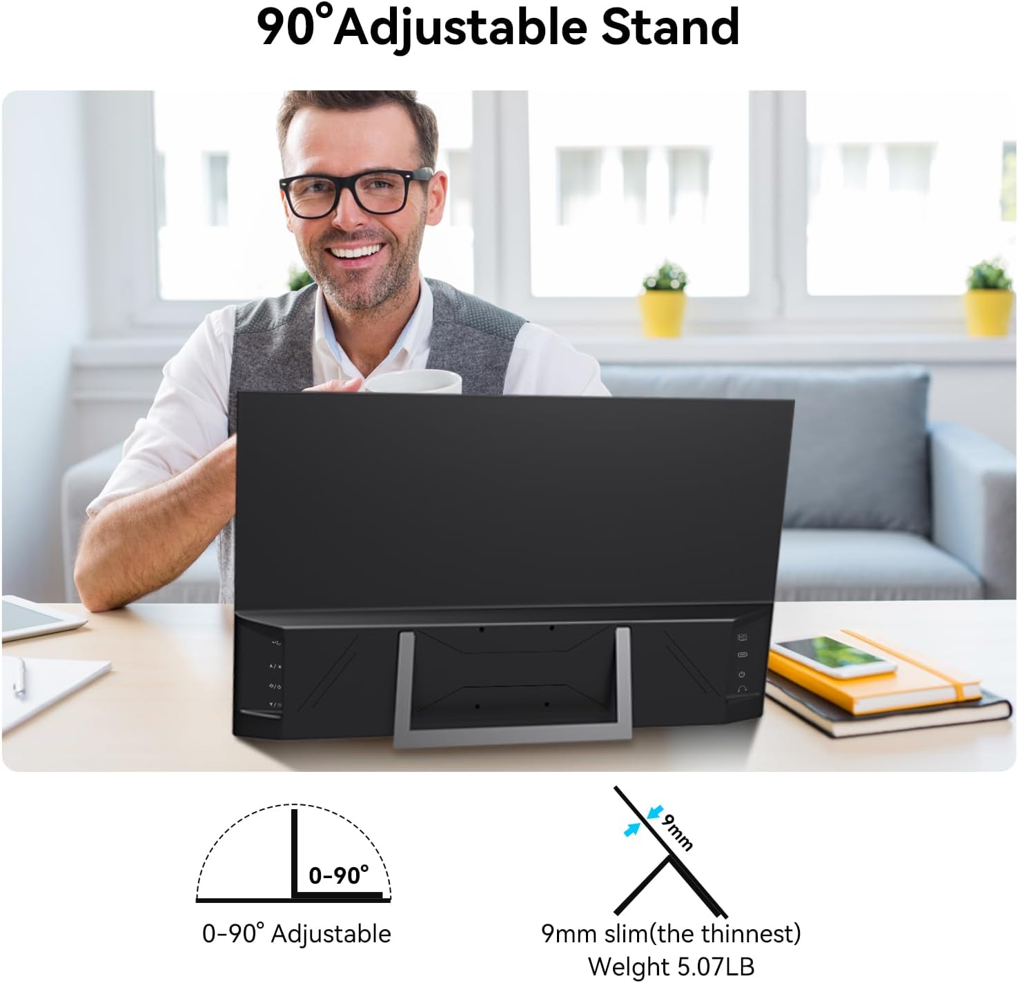 Monitor portatil tactil de 23.8 pulgadas con soporte integrado junto a un notebook en un escritorio.