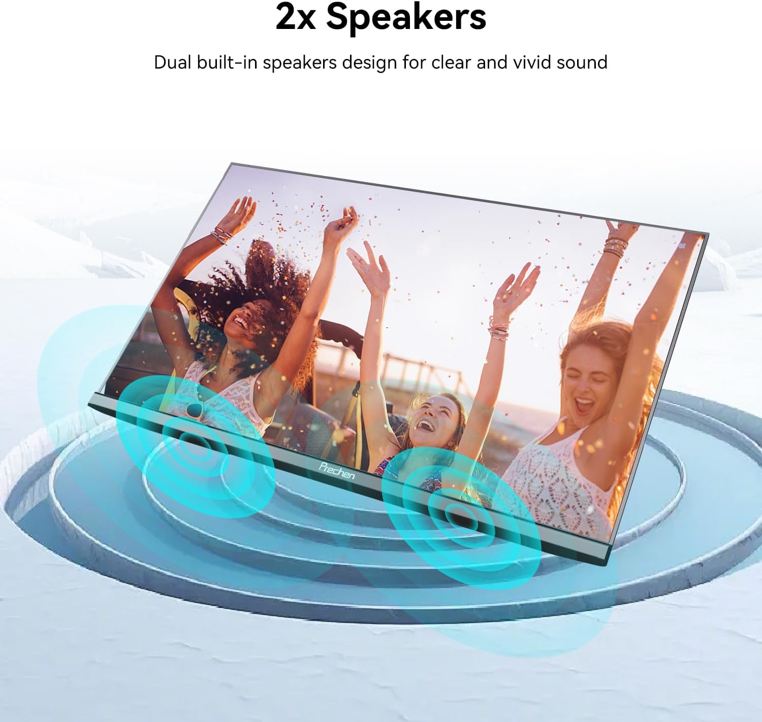 Monitor portatil tactil de 23.8 pulgadas con soporte integrado junto a un notebook en un escritorio.