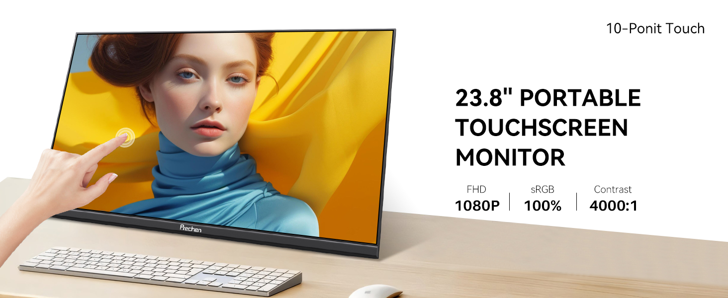 Monitor portatil tactil de 23.8 pulgadas con soporte integrado junto a un notebook en un escritorio.