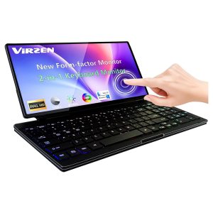 Monitor portatil tactil de 12.8 pulgadas con teclado integrado plegable junto a un notebook.