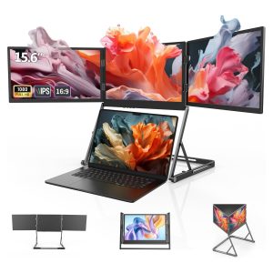 Monitor portatil triple pantalla de 15.6 pulgadas plegable conectado a un notebook en un escritorio de trabajo.