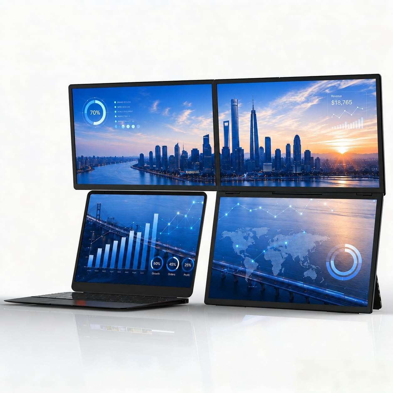 Monitor portatil triple pantalla de 18.5 pulgadas de aluminio conectado a un notebook en un escritorio.