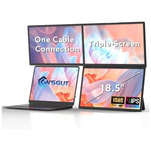Monitor portatil triple pantalla de 18.5 pulgadas de aluminio conectado a un notebook en un escritorio.