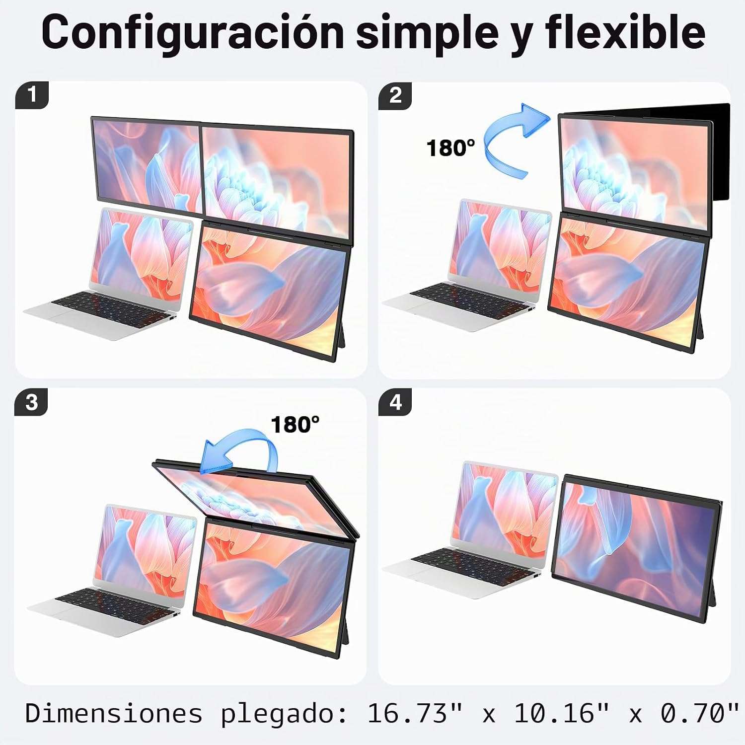 Monitor portatil triple pantalla de 18.5 pulgadas de aluminio conectado a un notebook en un escritorio.
