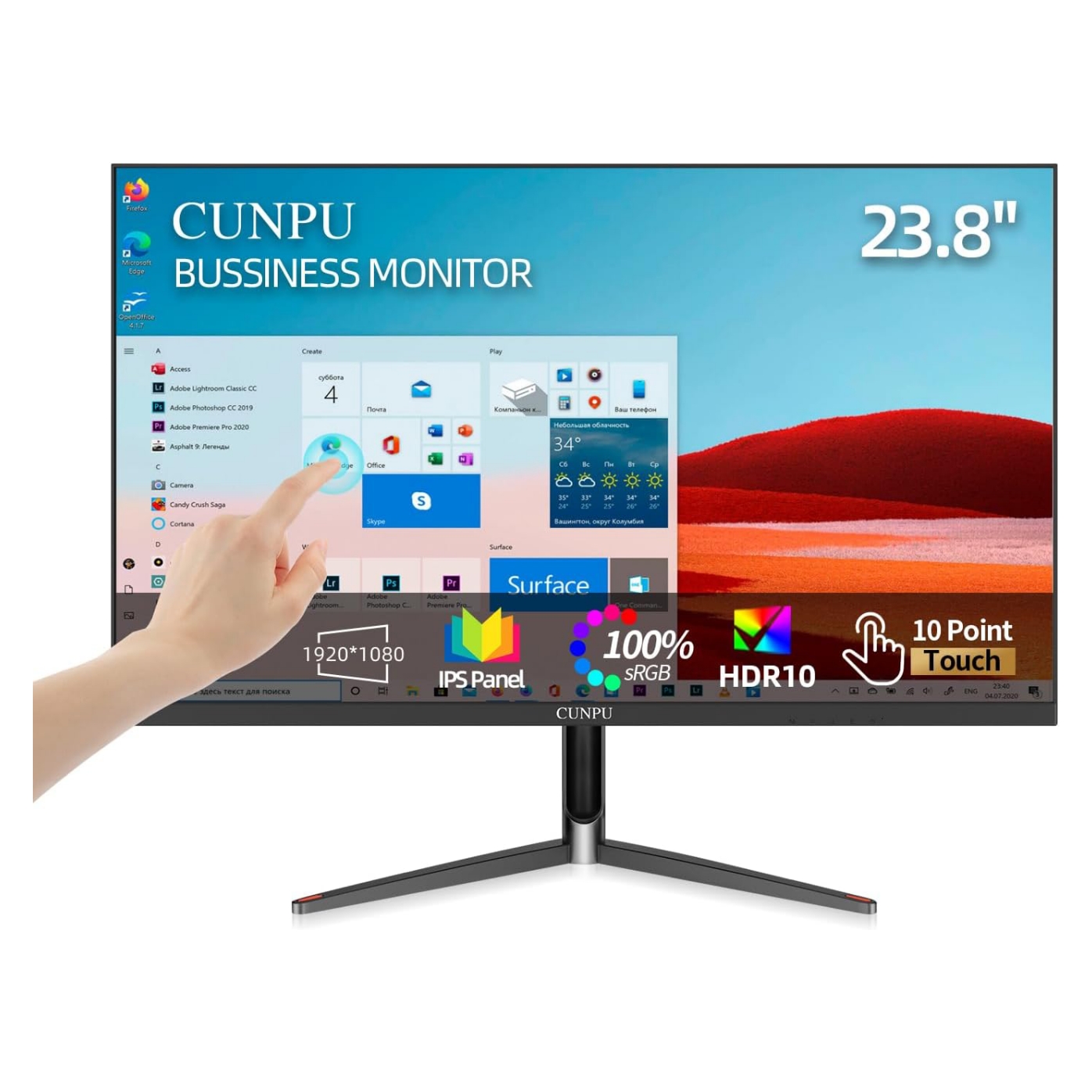 Monitor táctil de 24 pulgadas con 10 puntos de contacto junto a un computador de escritorio.