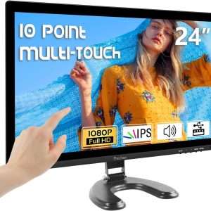 Monitor tactil de 24 pulgadas Full HD para computador de escritorio y notebook en un punto de venta.