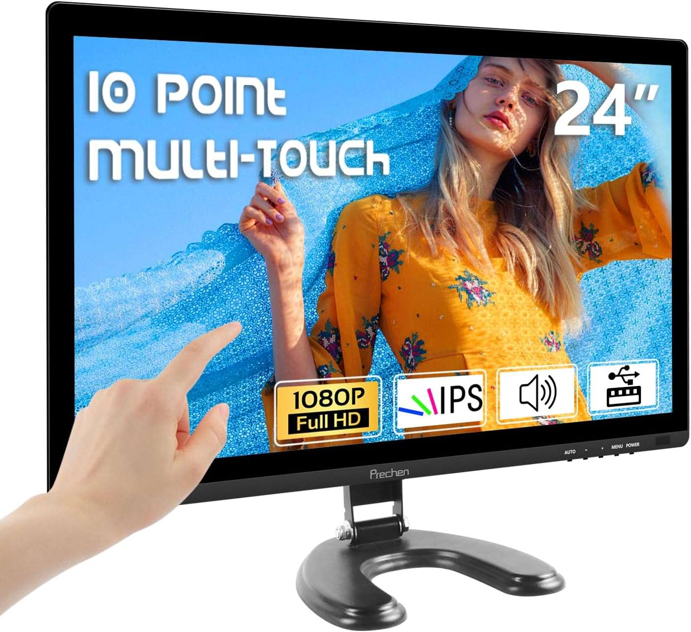 Monitor tactil de 24 pulgadas Full HD para computador de escritorio y notebook en un punto de venta.