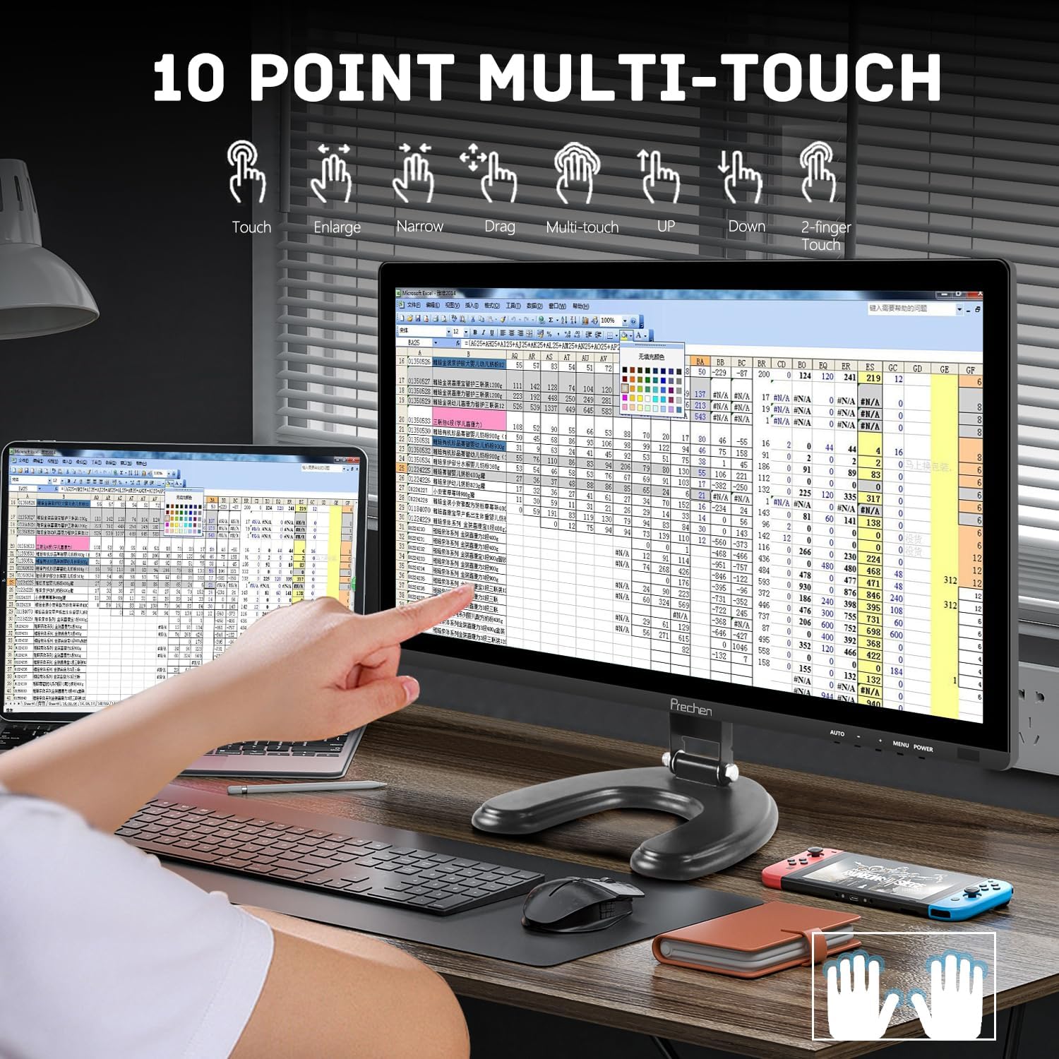 Monitor tactil de 24 pulgadas Full HD para computador de escritorio y notebook en un punto de venta.