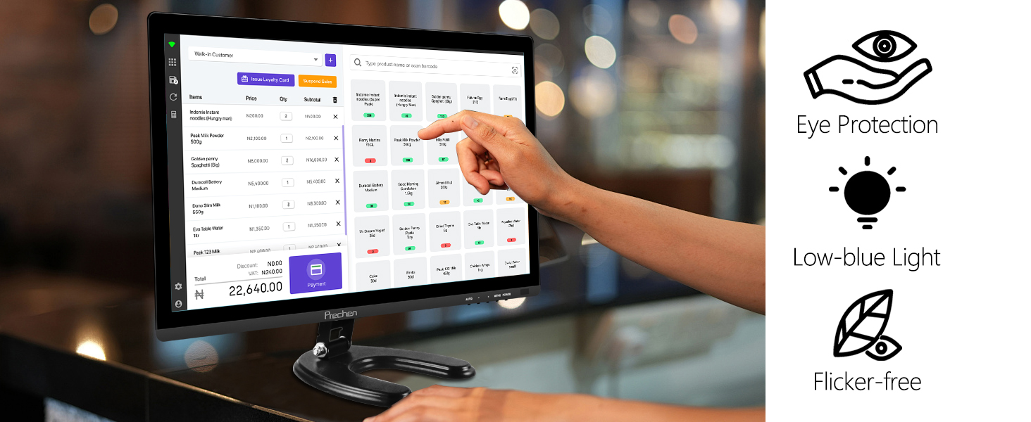 Monitor tactil de 24 pulgadas Full HD para computador de escritorio y notebook en un punto de venta.