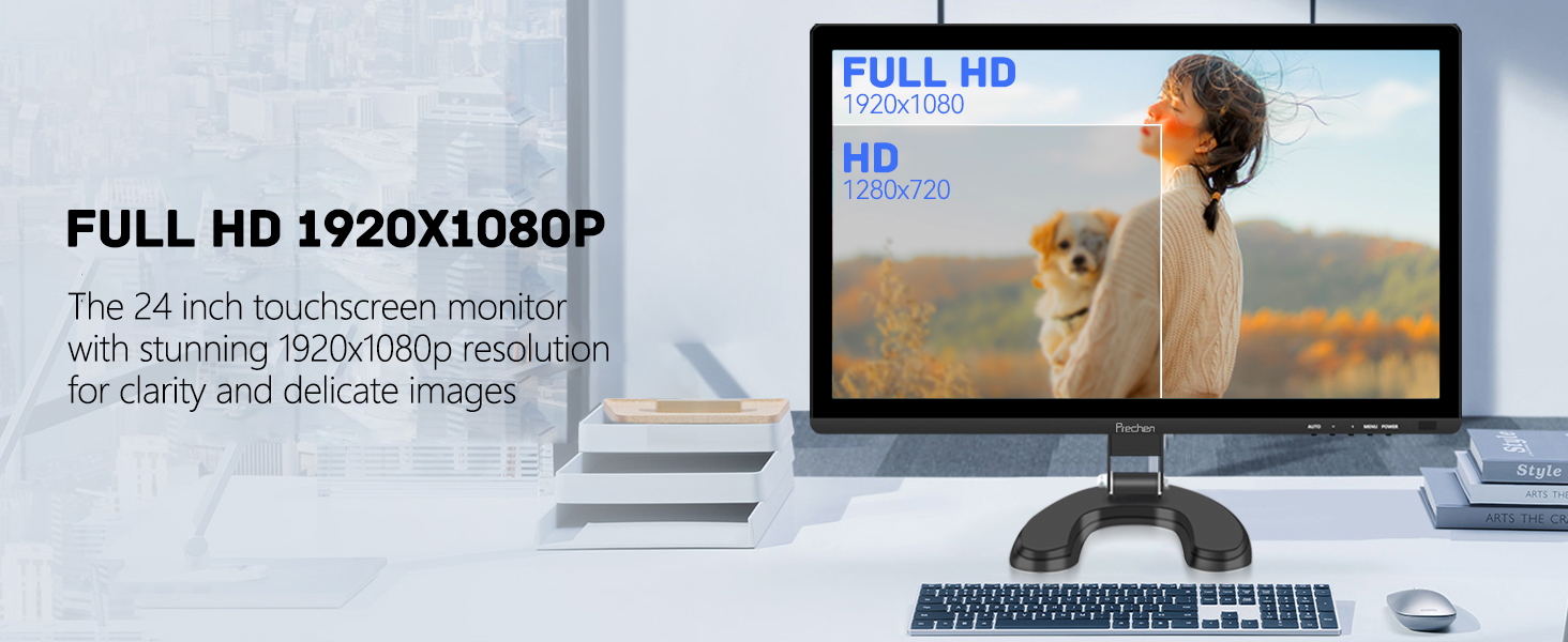 Monitor tactil de 24 pulgadas Full HD para computador de escritorio y notebook en un punto de venta.