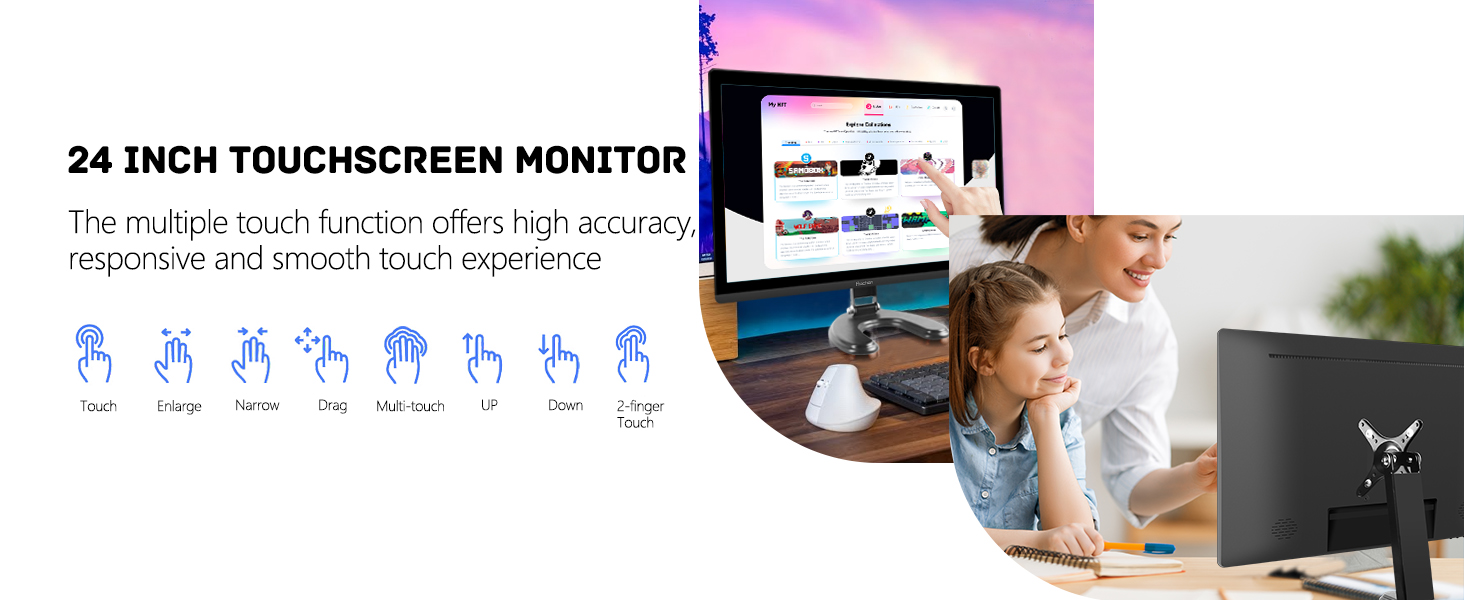 Monitor tactil de 24 pulgadas Full HD para computador de escritorio y notebook en un punto de venta.