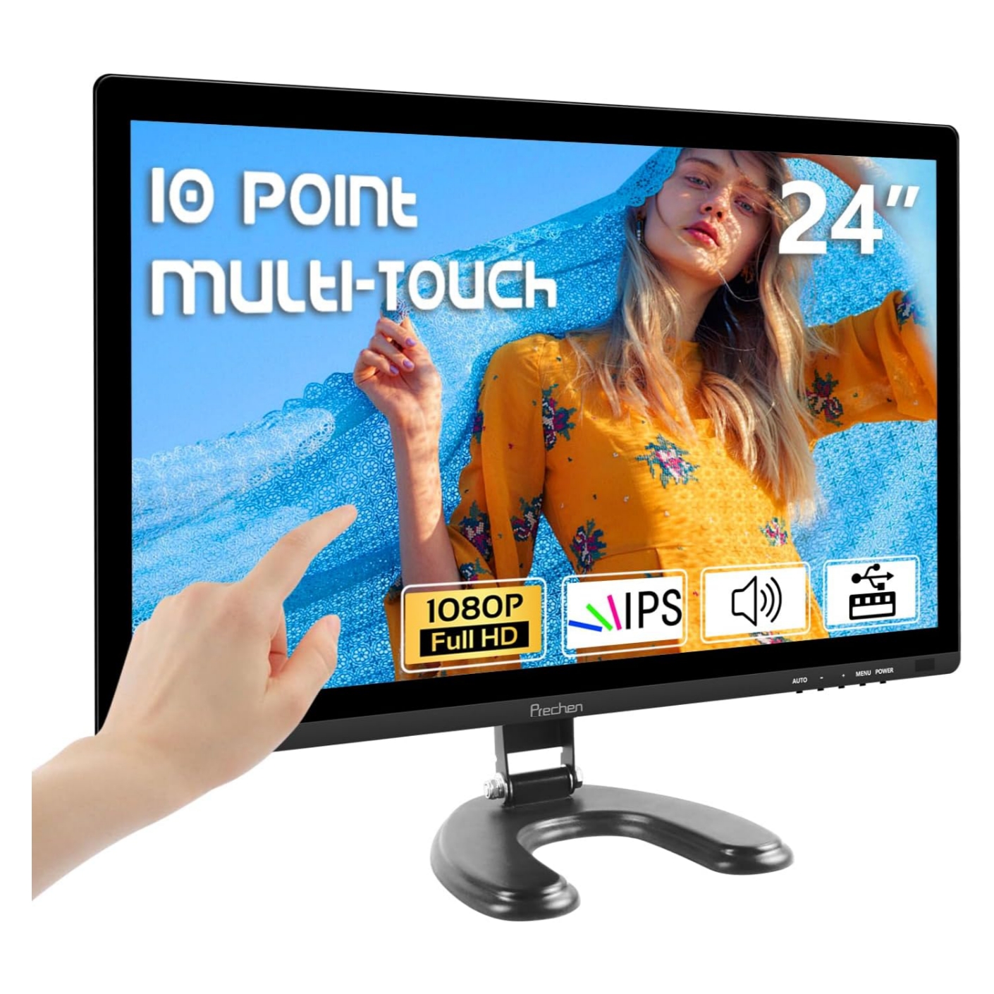 Monitor tactil de 24 pulgadas Full HD para computador de escritorio y notebook en un punto de venta.