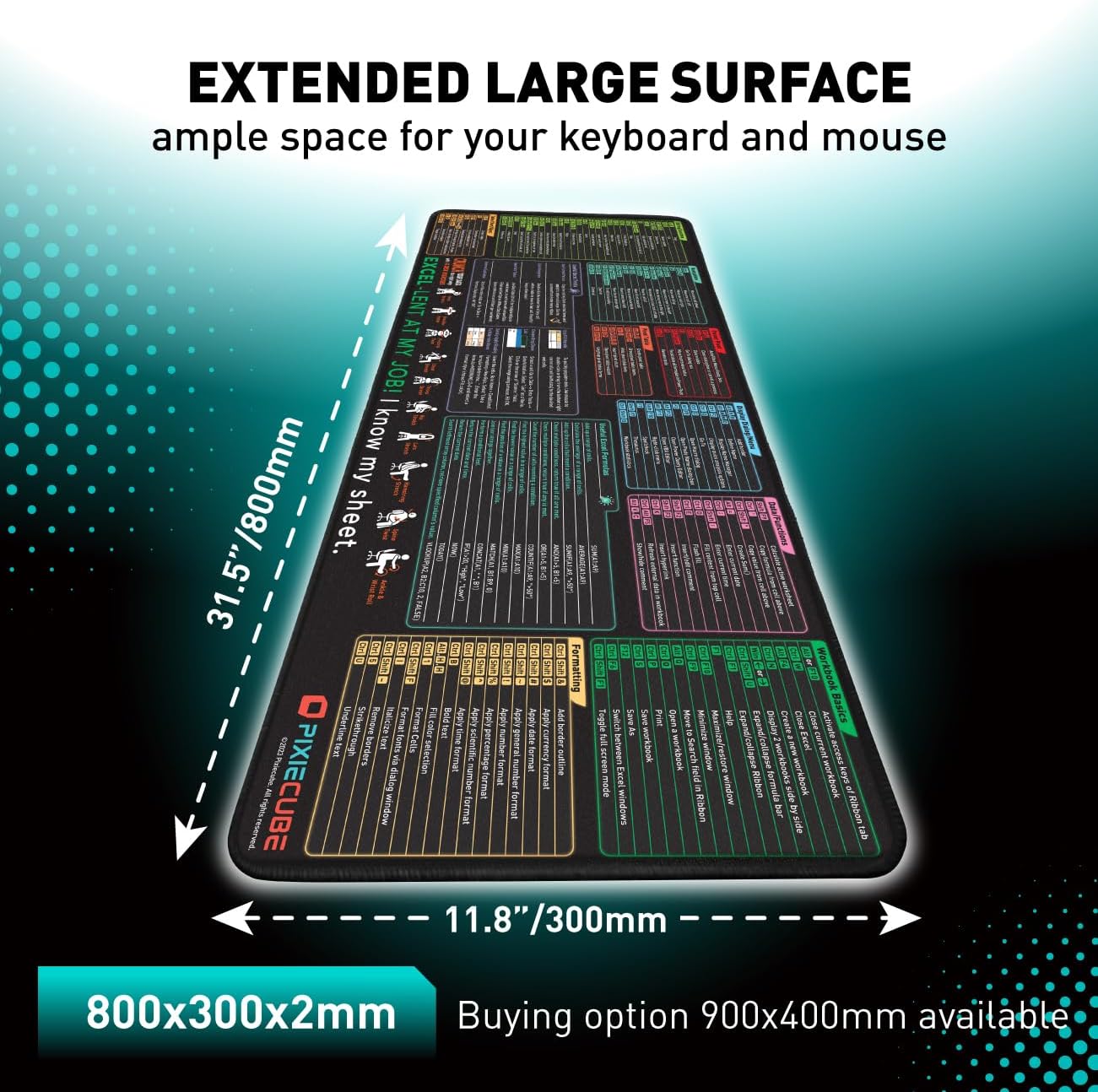 Mouse pad xl extendido de 80x30 cm con atajos de teclado de excel y bordes cosidos en chile