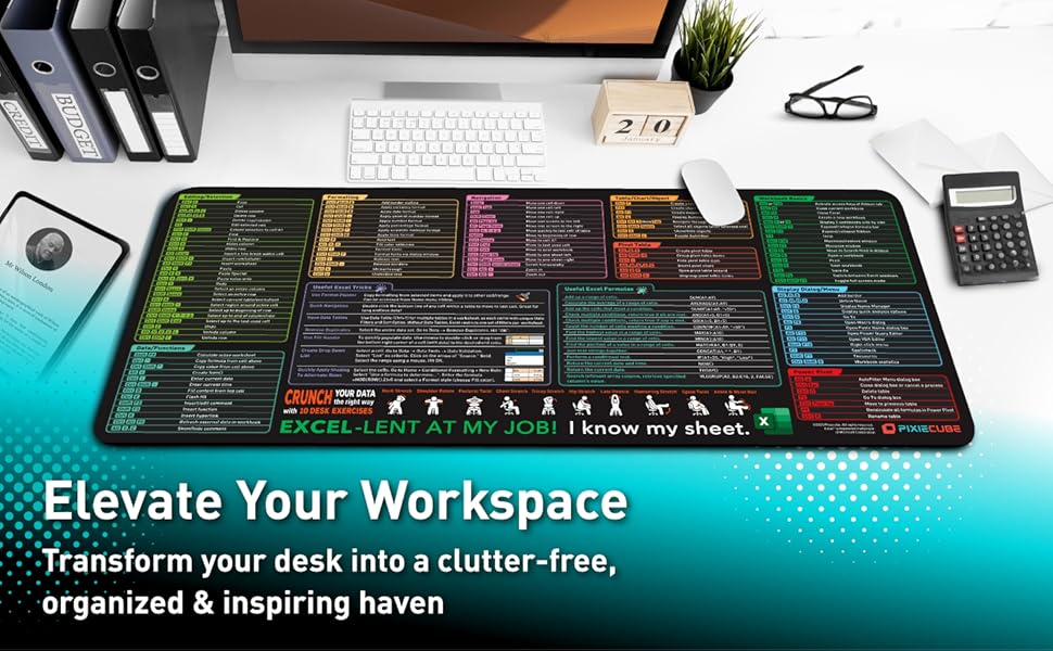 Mouse pad xl extendido de 80x30 cm con atajos de teclado de excel y bordes cosidos en chile