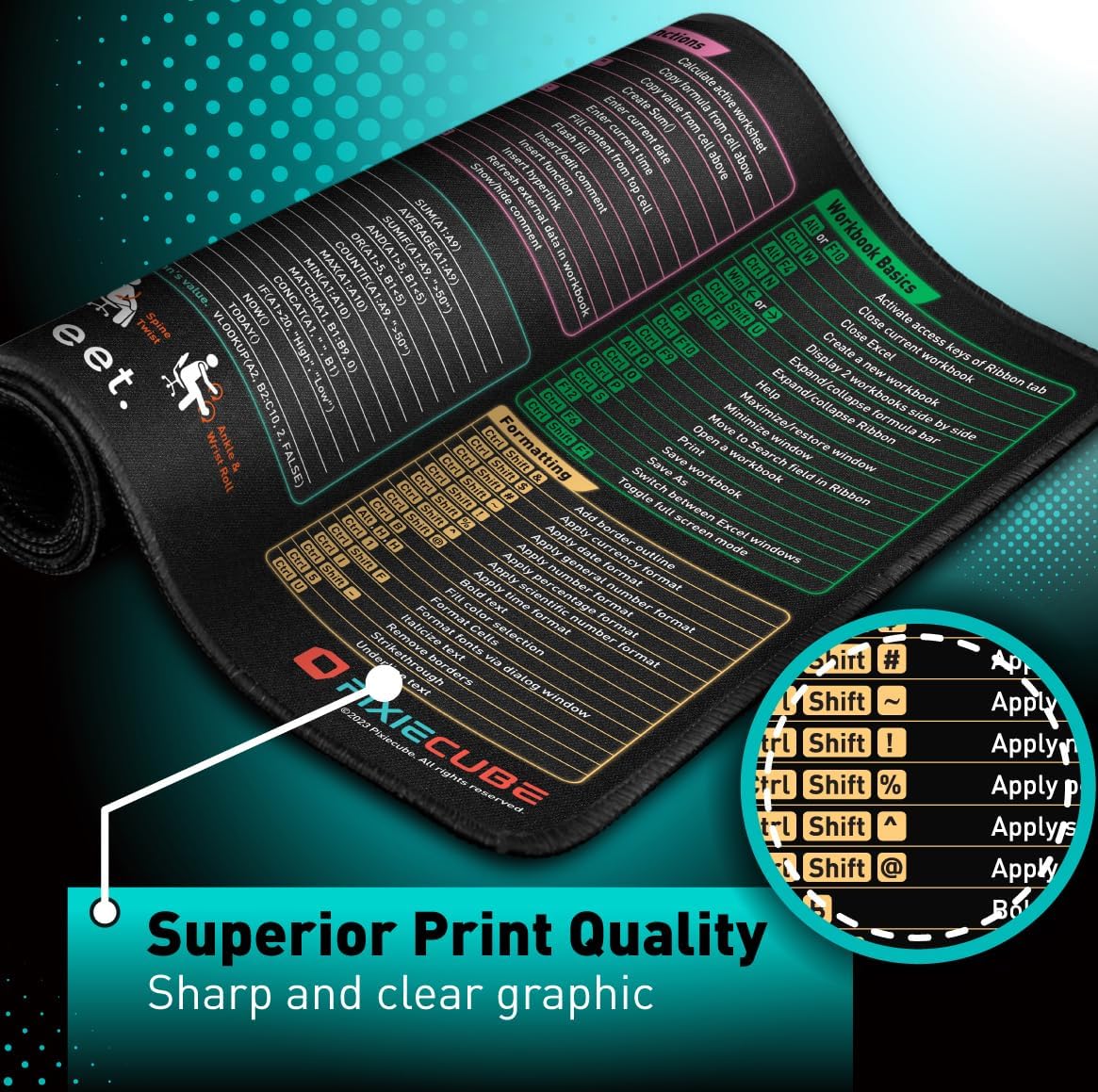 Mouse pad xl extendido de 80x30 cm con atajos de teclado de excel y bordes cosidos en chile