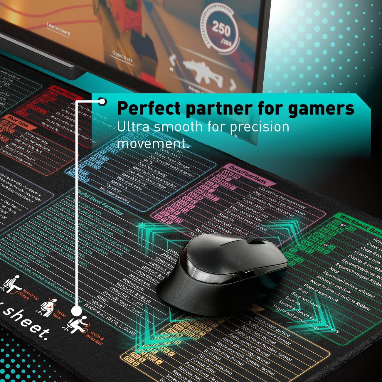 Mouse pad xl extendido de 80x30 cm con atajos de teclado de excel y bordes cosidos en chile