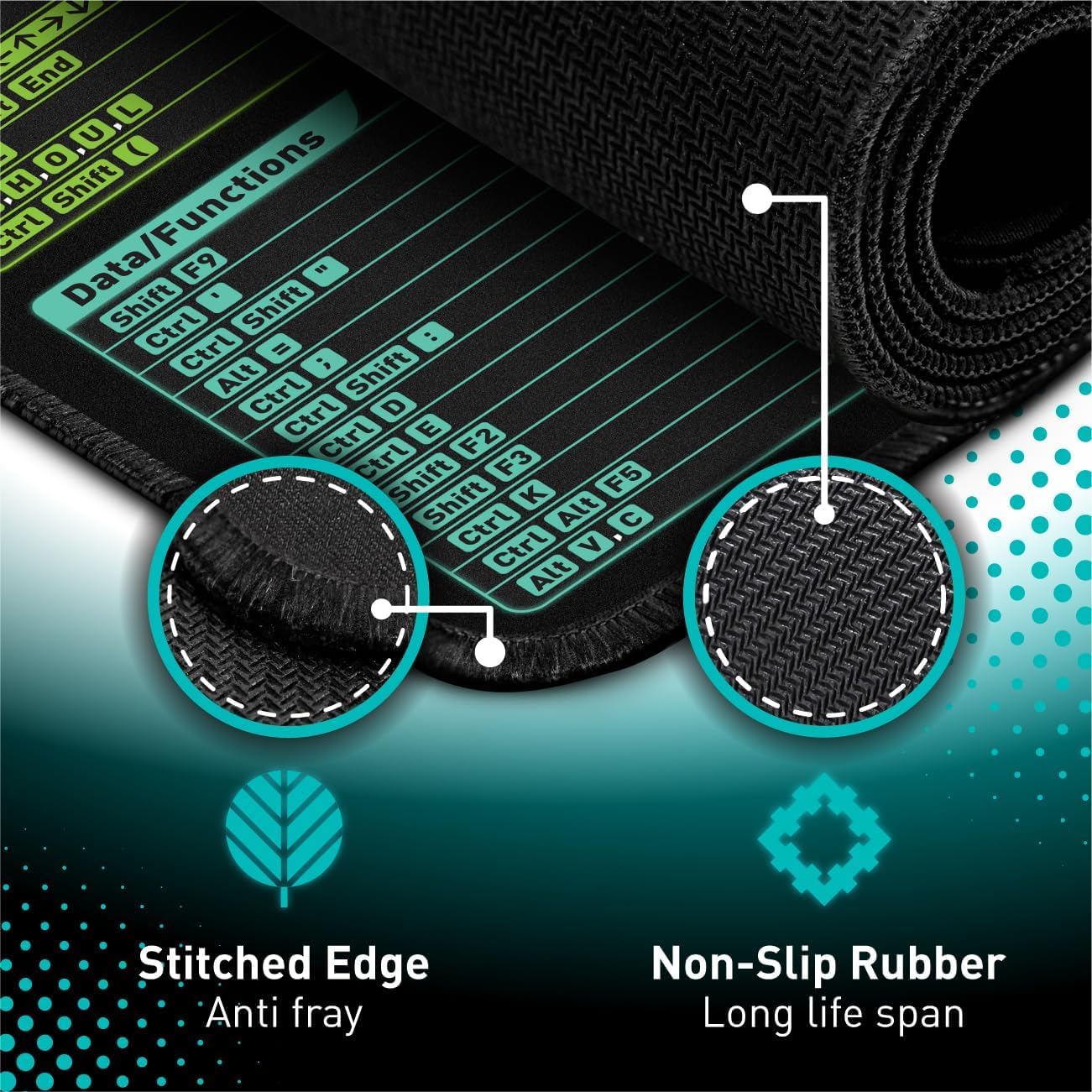 Mouse pad xl extendido de 80x30 cm con atajos de teclado de excel y bordes cosidos en chile