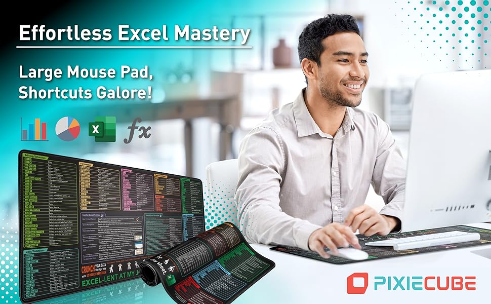 Mouse pad xl extendido de 80x30 cm con atajos de teclado de excel y bordes cosidos en chile