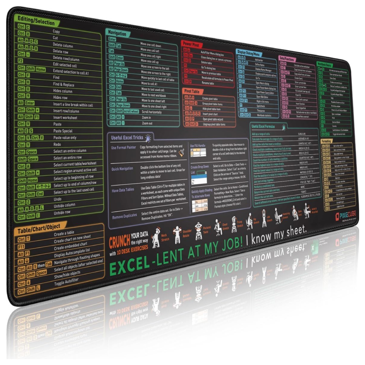 Mouse pad xl extendido de 80x30 cm con atajos de teclado de excel y bordes cosidos en chile