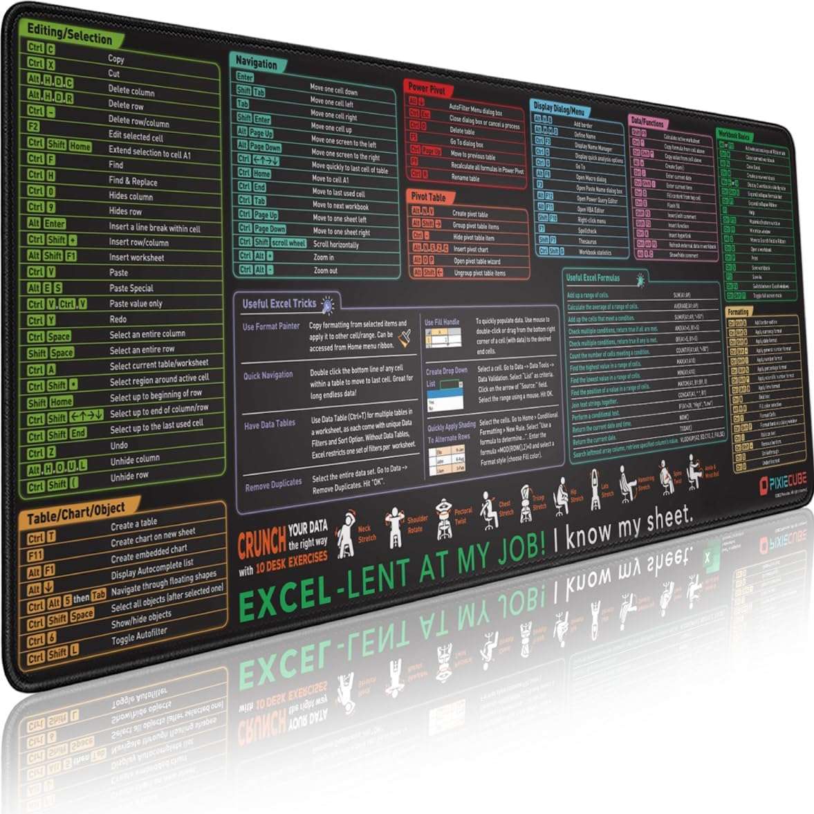 Mouse pad xl extendido de 80x30 cm con atajos de teclado de excel y bordes cosidos en chile