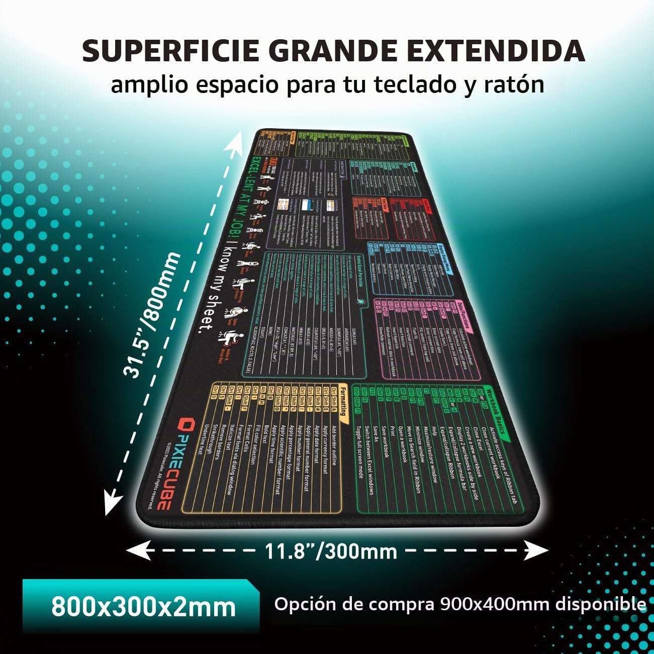 Mouse pad xl extendido de 80x30 cm con atajos de teclado de excel y bordes cosidos en chile