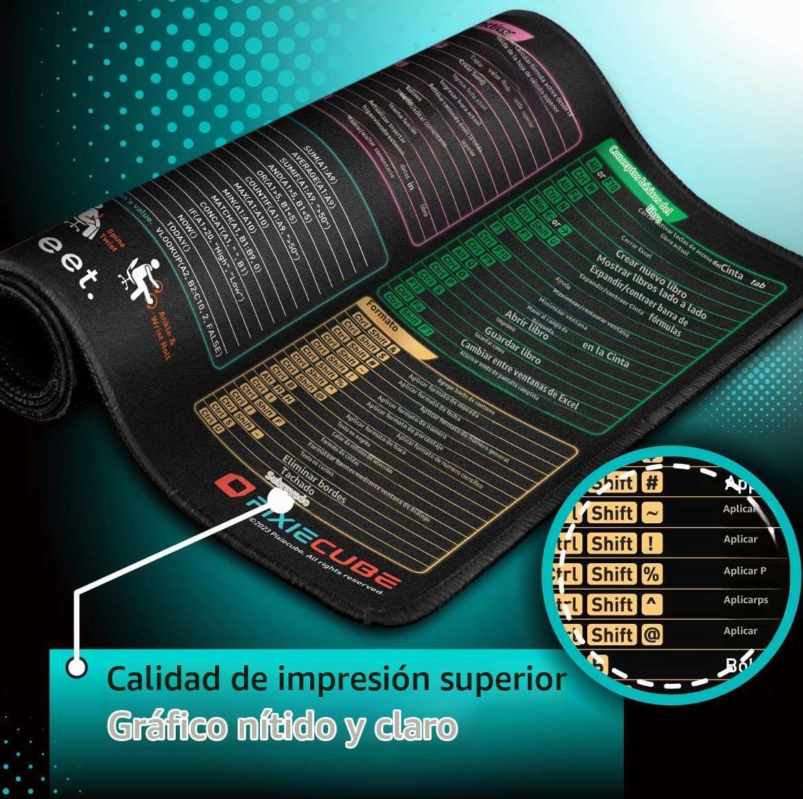 Mouse pad xl extendido de 80x30 cm con atajos de teclado de excel y bordes cosidos en chile