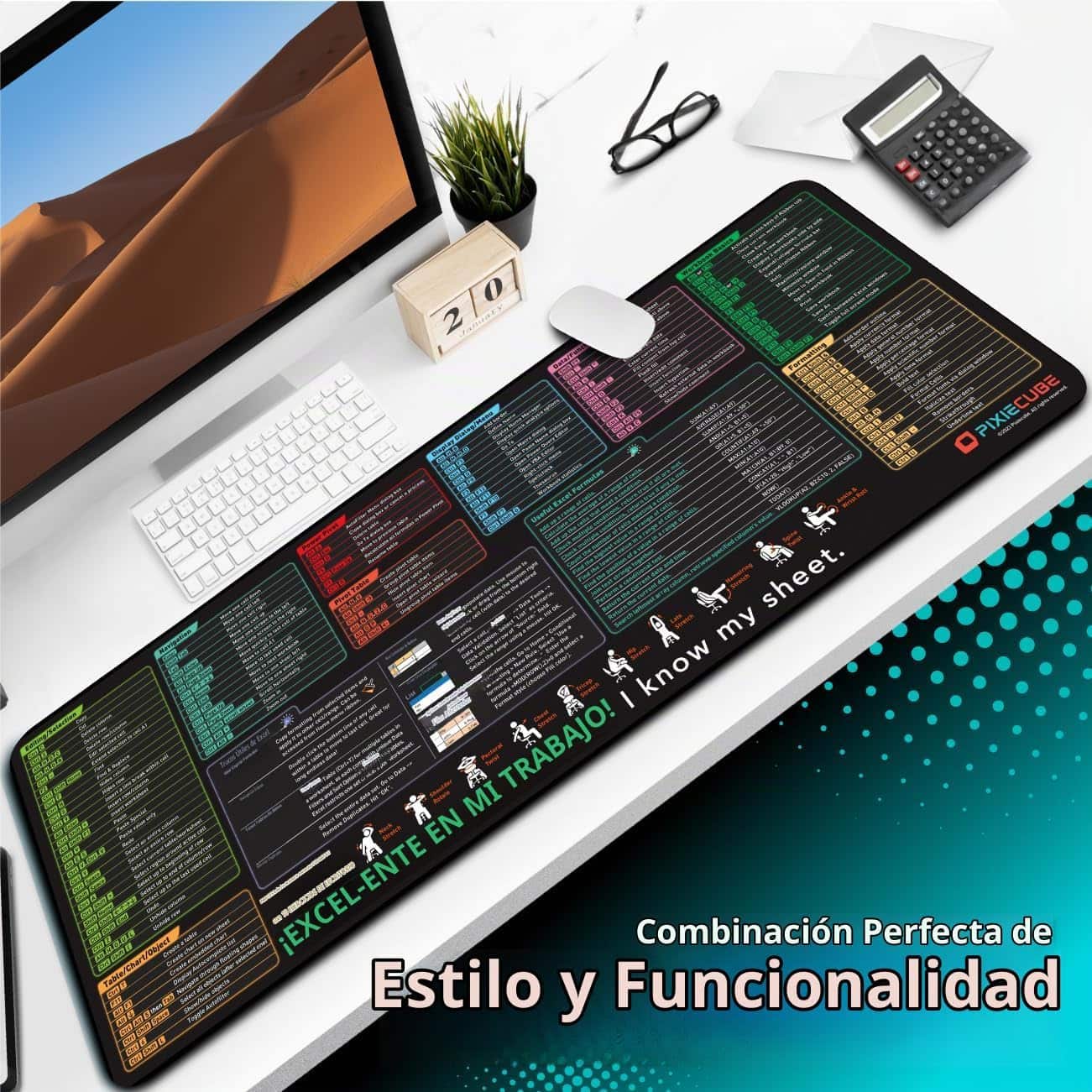Mouse pad xl extendido de 80x30 cm con atajos de teclado de excel y bordes cosidos en chile