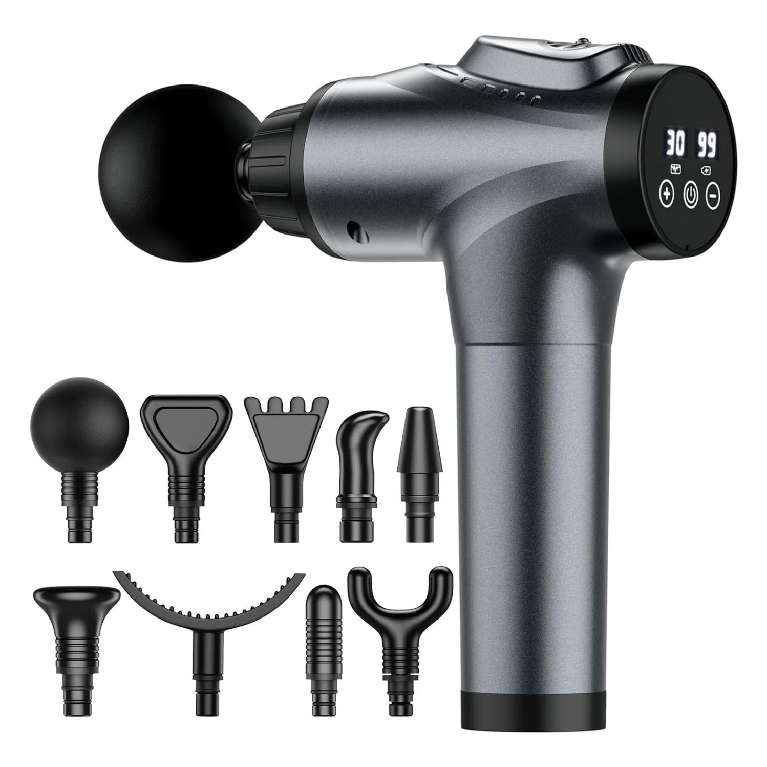 Pistola de masajes muscular electrica con 30 velocidades y 9 cabezales para descontracturar