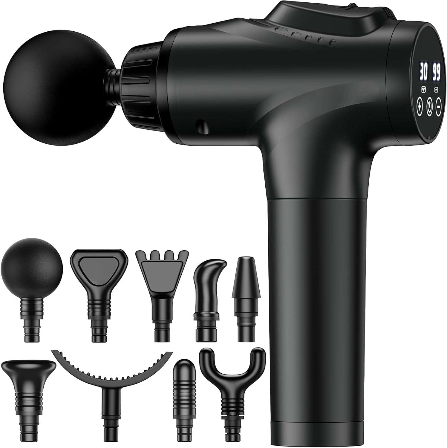 Pistola de masajes muscular electrica con 30 velocidades y 9 cabezales para descontracturar