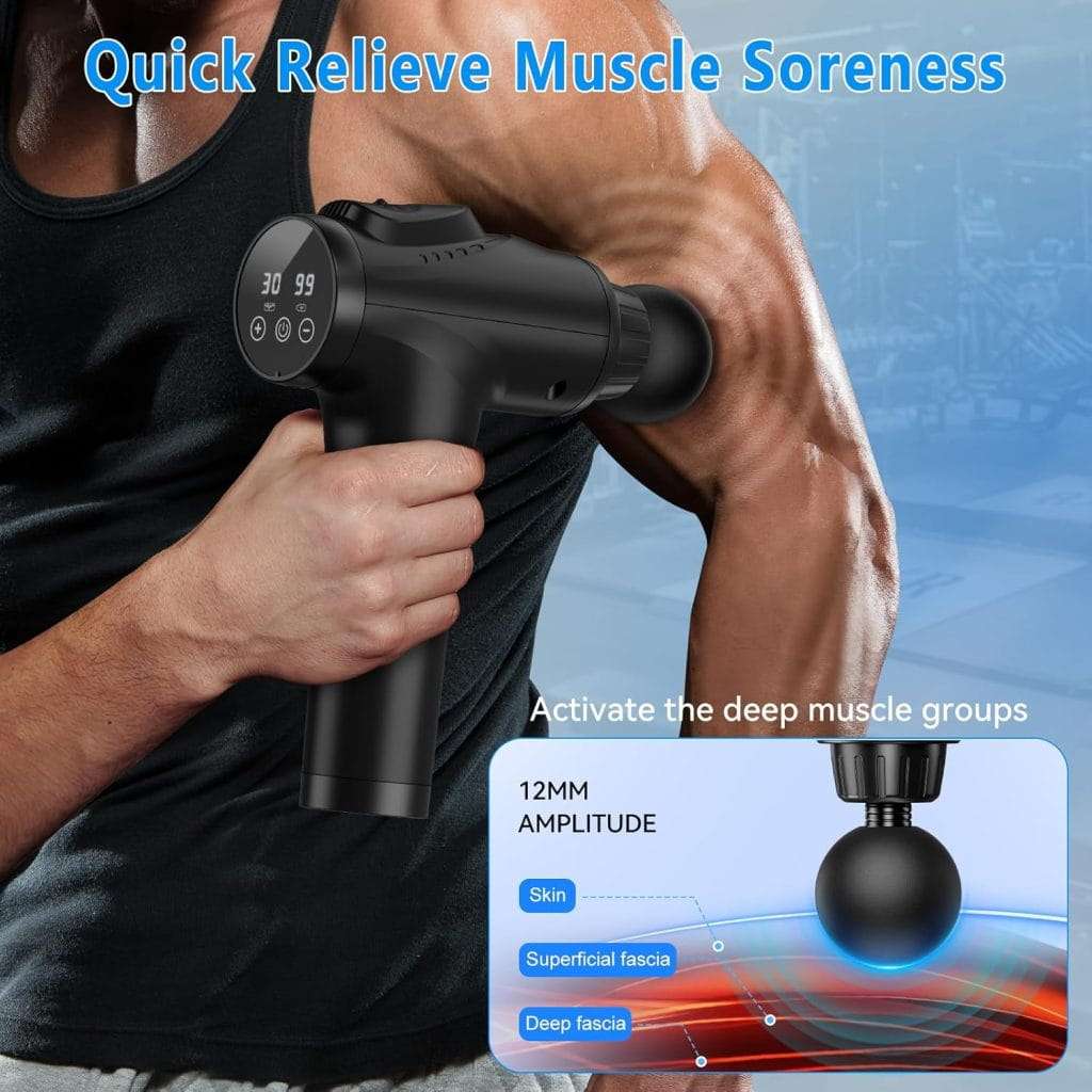 Pistola de masajes muscular electrica con 30 velocidades y 9 cabezales para descontracturar