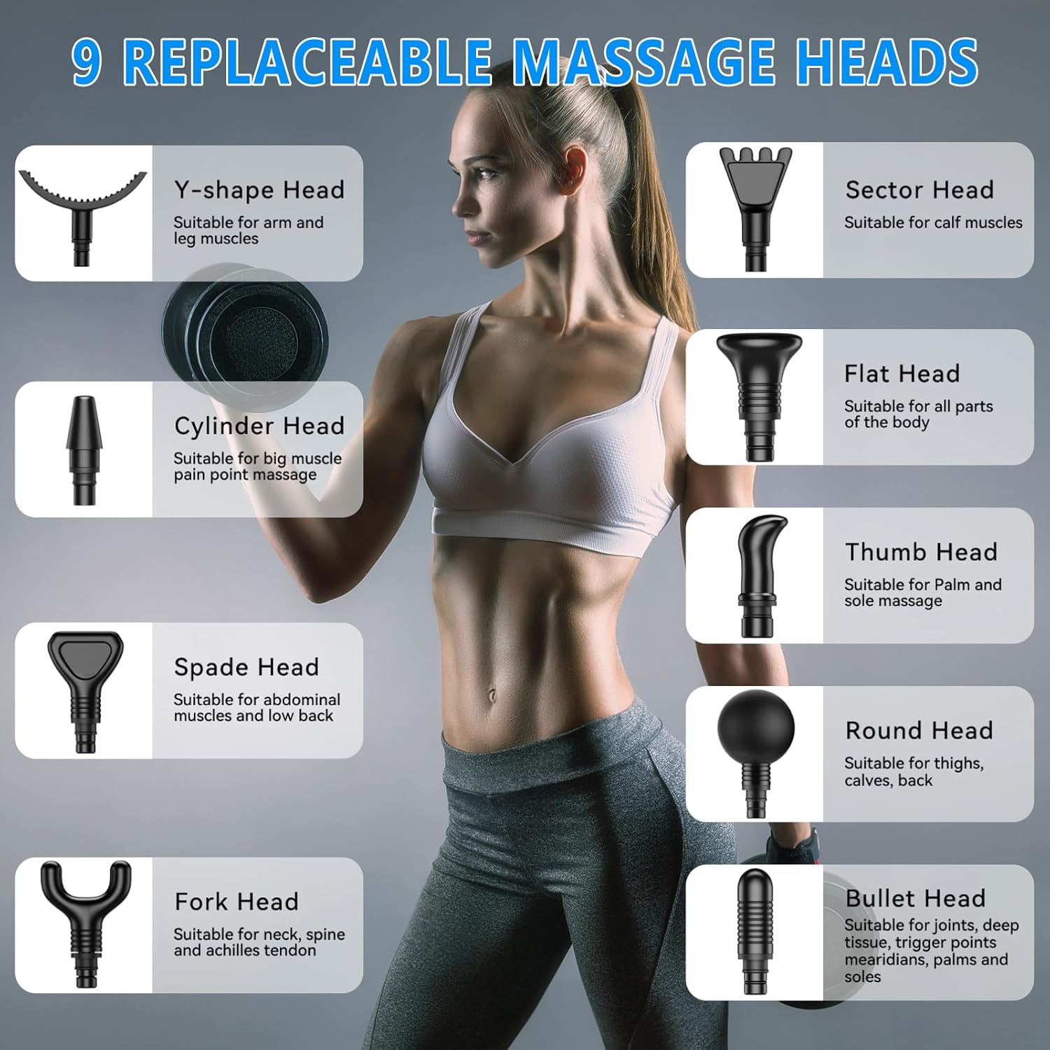 Pistola de masajes muscular electrica con 30 velocidades y 9 cabezales para descontracturar