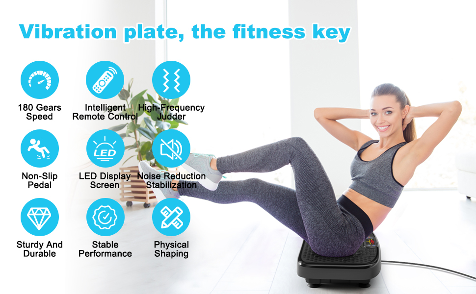 Plataforma vibratoria de ejercicios color negro con bandas elásticas y control remoto para drenaje linfático en casa.