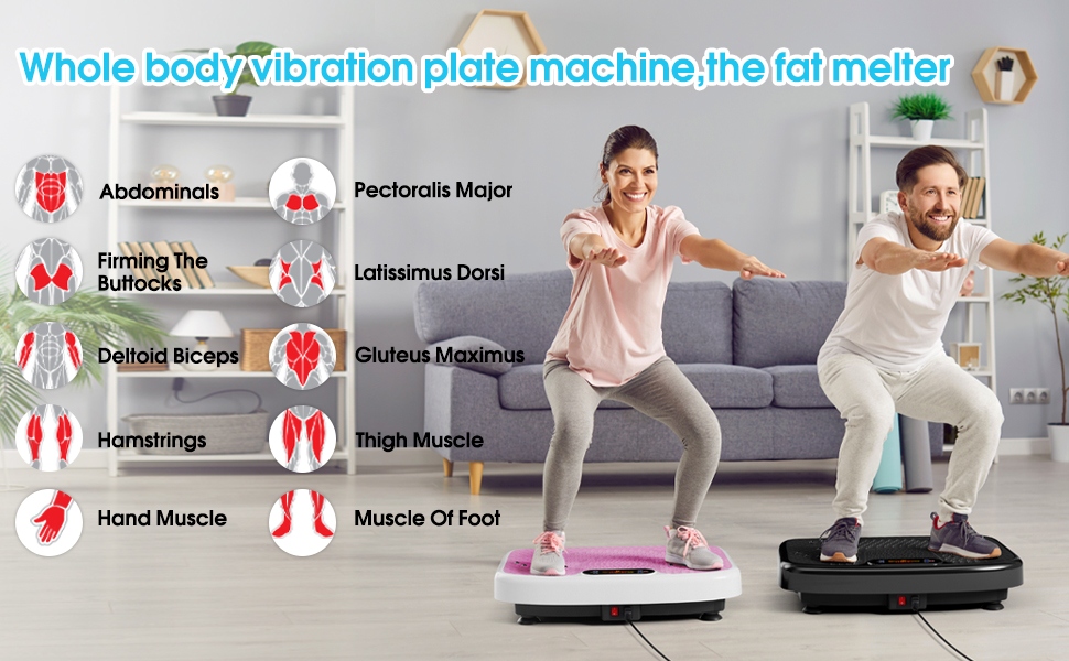 Plataforma vibratoria de ejercicios color negro con bandas elásticas y control remoto para drenaje linfático en casa.