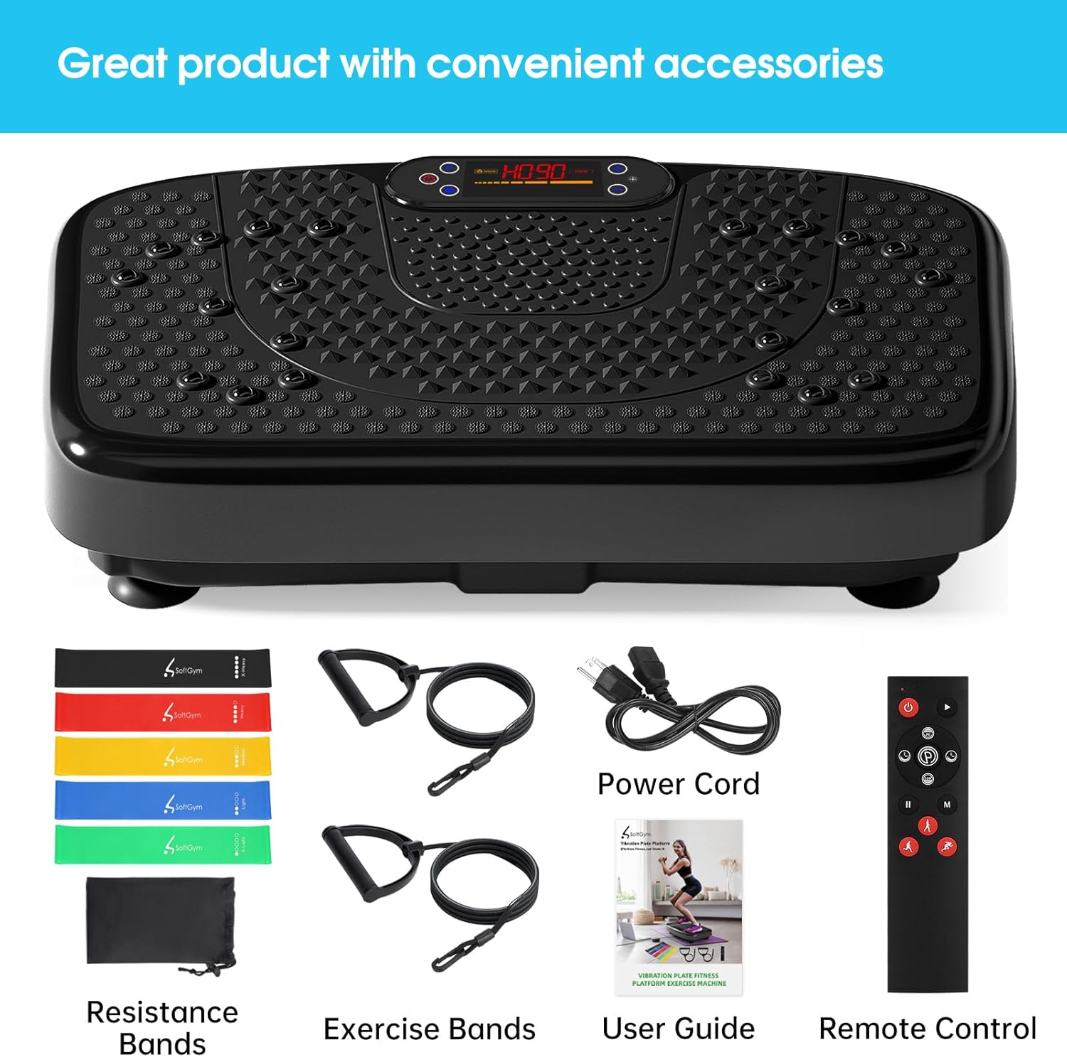 Plataforma vibratoria de ejercicios color negro con bandas elásticas y control remoto para drenaje linfático en casa.