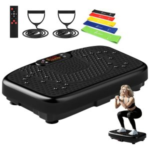 Plataforma vibratoria de ejercicios color negro con bandas elásticas y control remoto para drenaje linfático en casa.