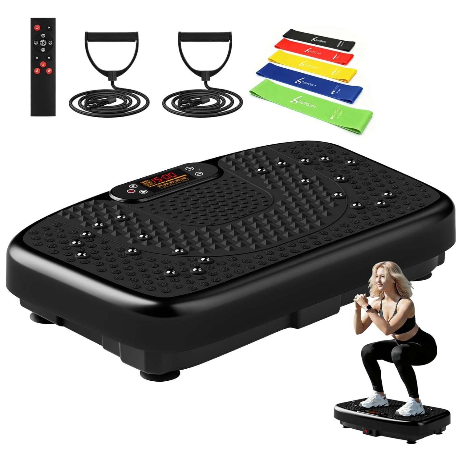 Plataforma vibratoria de ejercicios color negro con bandas elásticas y control remoto para drenaje linfático en casa.