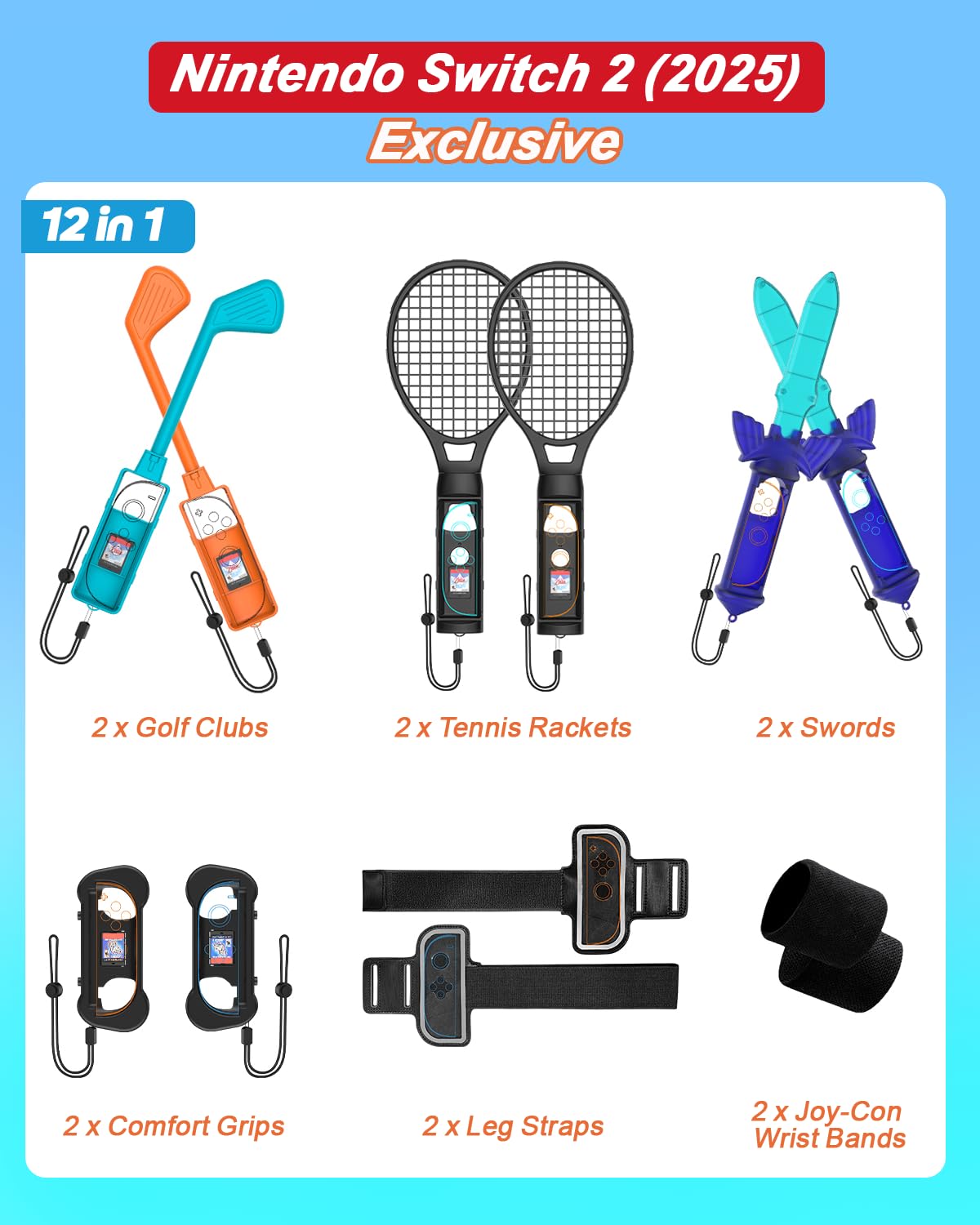 Kit deportivo 12 en 1 para la nueva consola Nintendo Switch 2 incluye espadas raquetas y palos de golf para jugar en familia