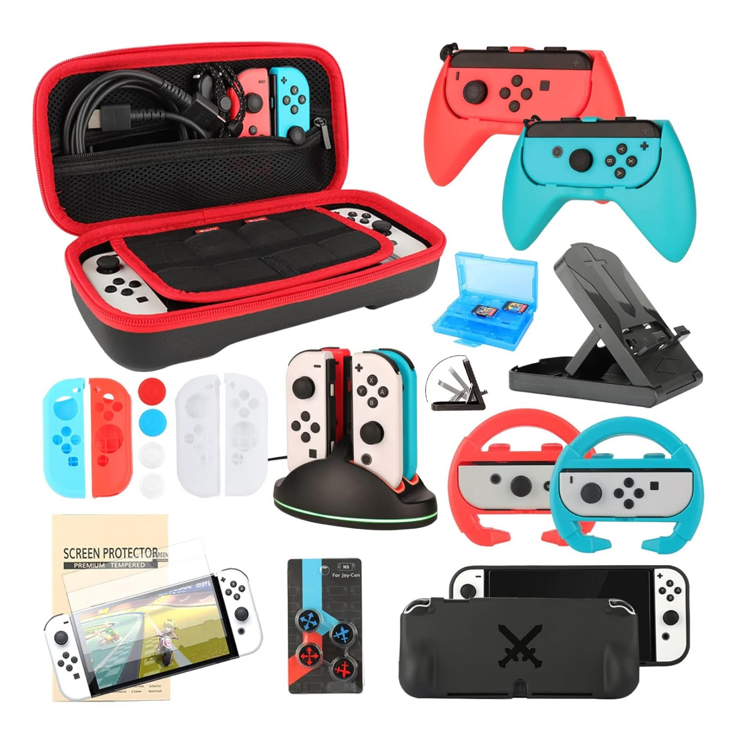 Mega kit 23 en 1 de accesorios para Nintendo Switch Oled incluye bolso base de carga laminas de 17 centimetros volantes y carcasa protectora