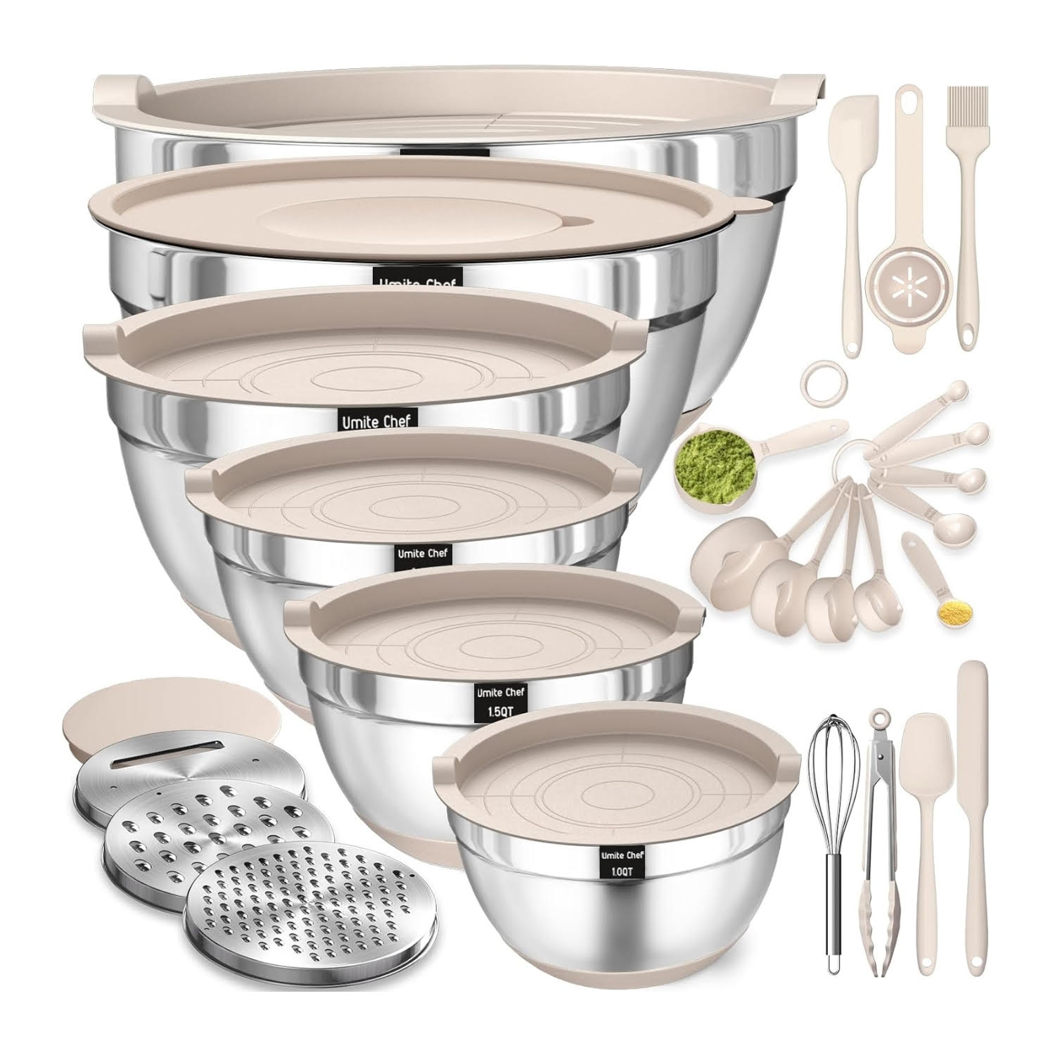 set de 26 piezas bowls de acero inoxidable caqui con tapas hermeticas ralladores y base antideslizante para cocina en chile