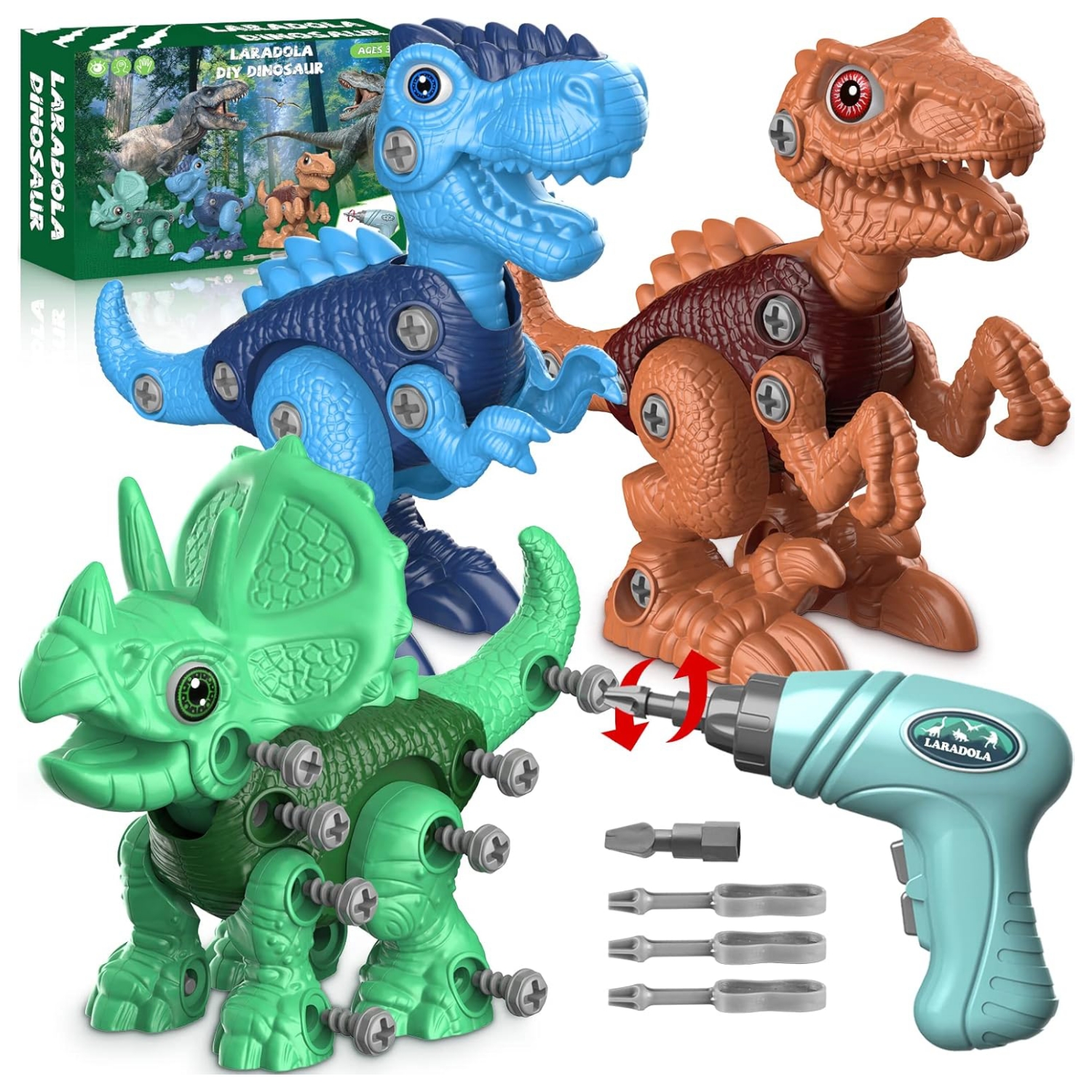 set dinosaurios armables niños taladro electrico juguete stem construccion 3 en 1 t-rex triceratops regalo 4 años chile educativo
