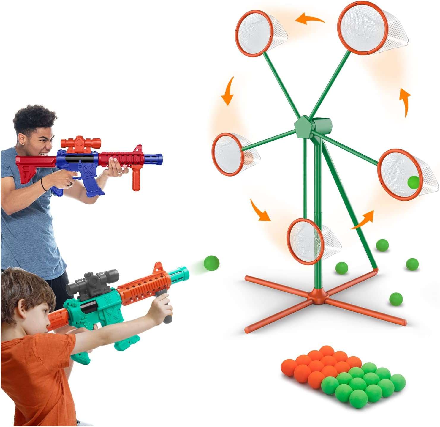 Set de 2 pistolas lanzadoras de aire con objetivo eléctrico giratorio y 24 pelotas de espuma para niños.