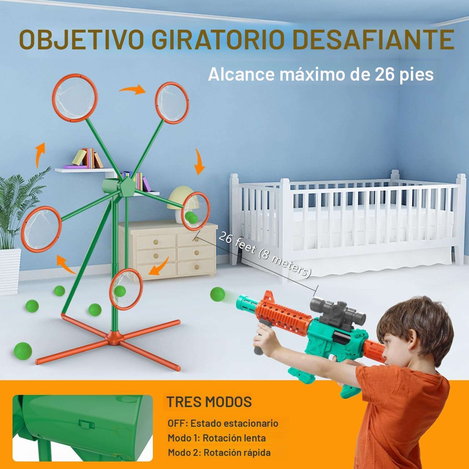 Set de 2 pistolas lanzadoras de aire con objetivo eléctrico giratorio y 24 pelotas de espuma para niños.