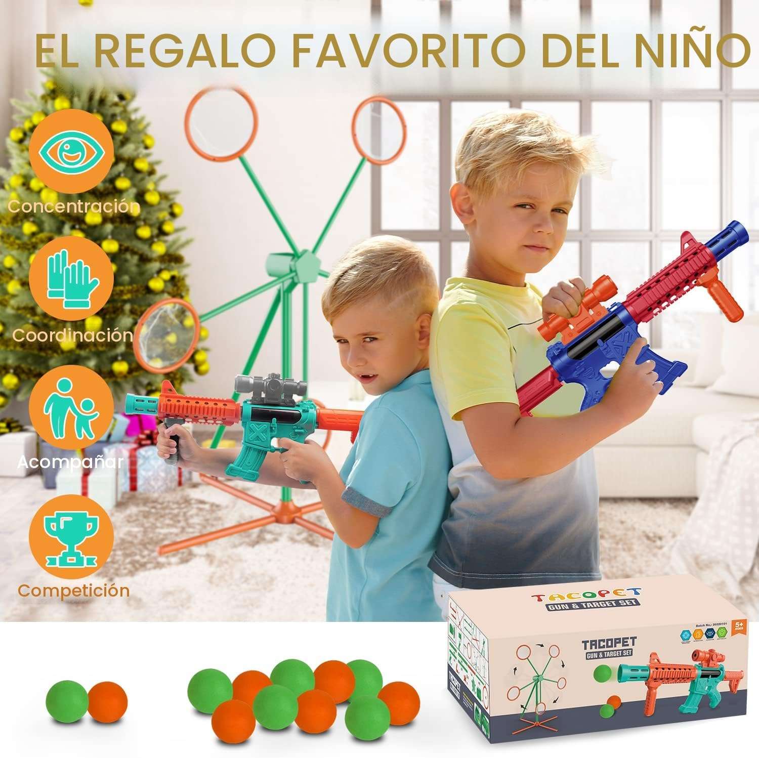 Set de 2 pistolas lanzadoras de aire con objetivo eléctrico giratorio y 24 pelotas de espuma para niños.