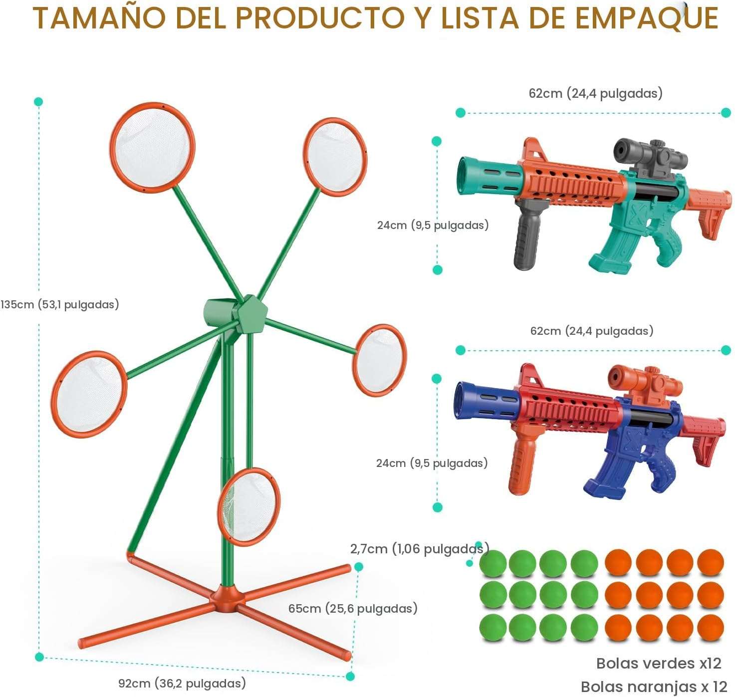 Set de 2 pistolas lanzadoras de aire con objetivo eléctrico giratorio y 24 pelotas de espuma para niños.