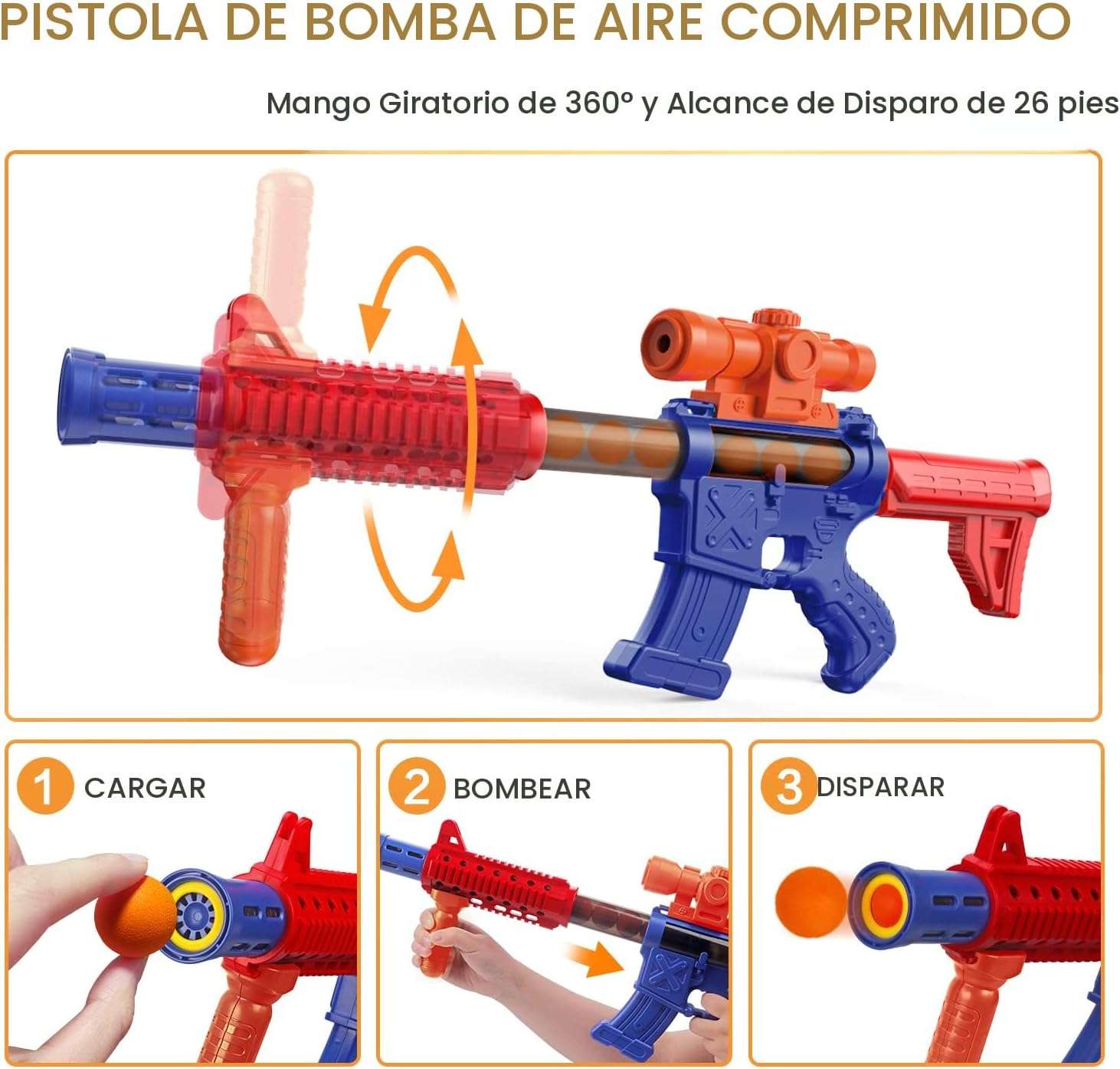 Set de 2 pistolas lanzadoras de aire con objetivo eléctrico giratorio y 24 pelotas de espuma para niños.